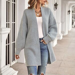 Emery Rose Cardigan Chevron Bishop Sleeve Duster Sweater Blue Size Large NWT